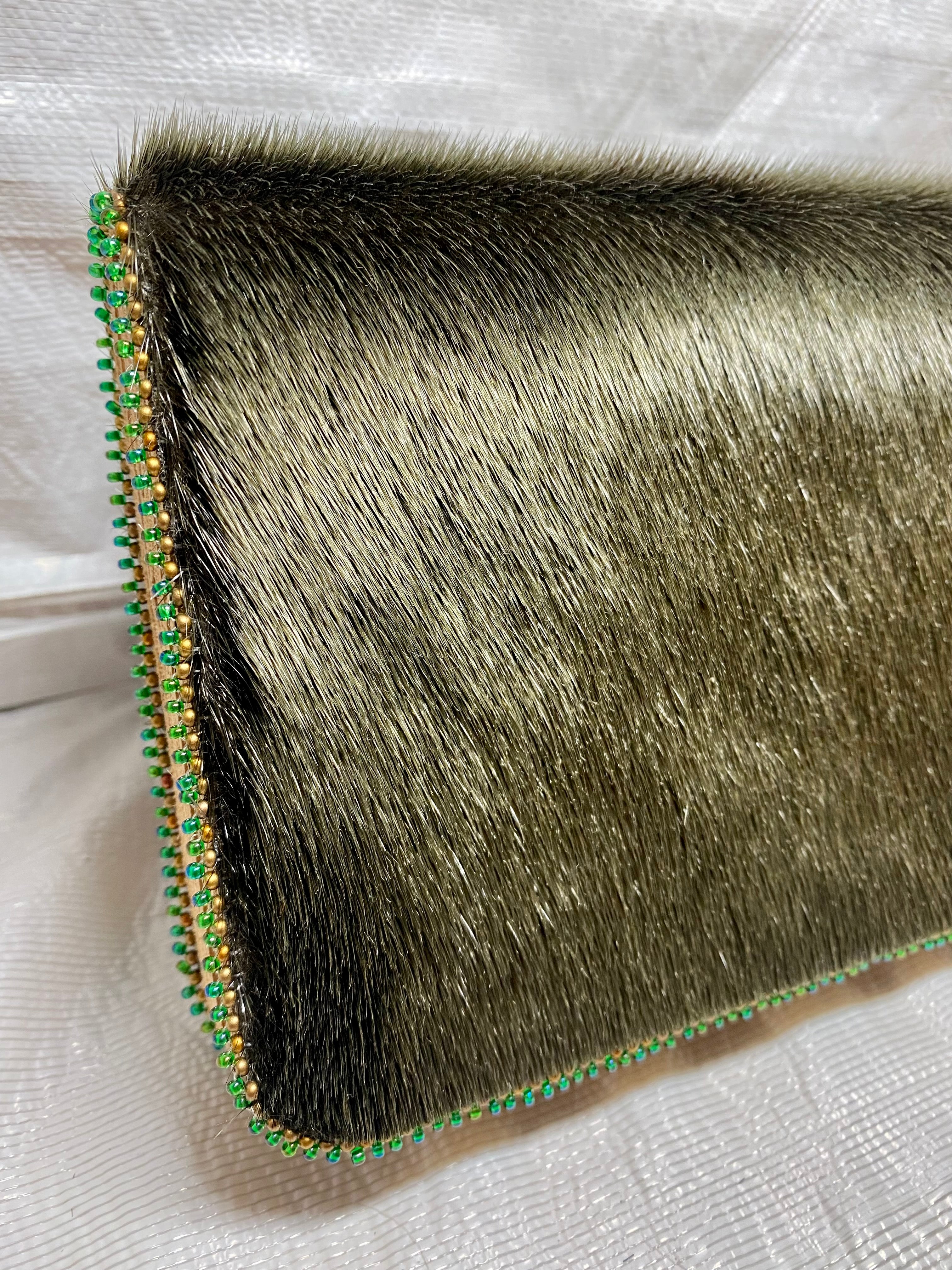 Dyed Hunter Green Beaded Wallet in Harp Seal Fur