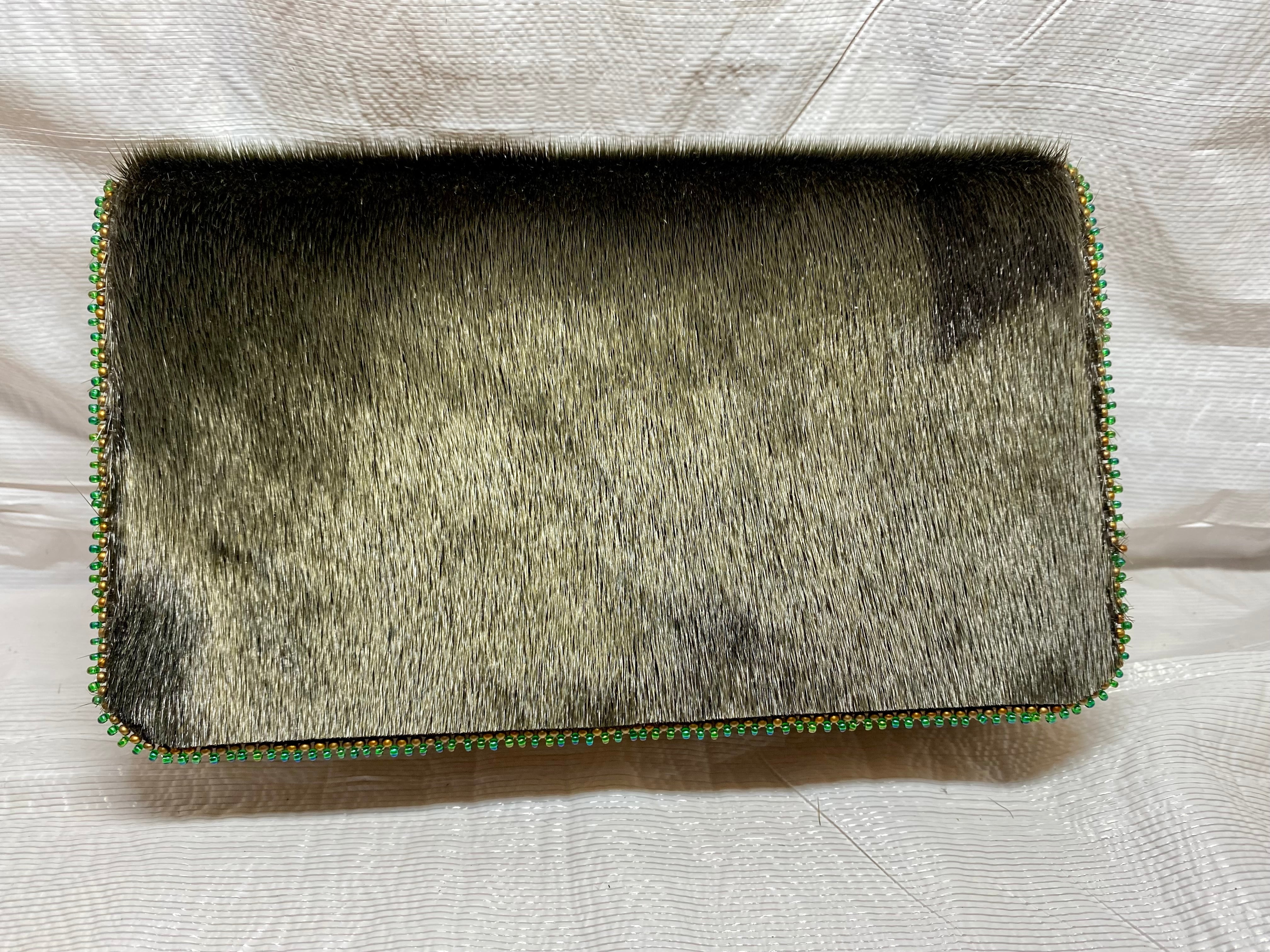 Dyed Hunter Green Beaded Wallet in Harp Seal Fur