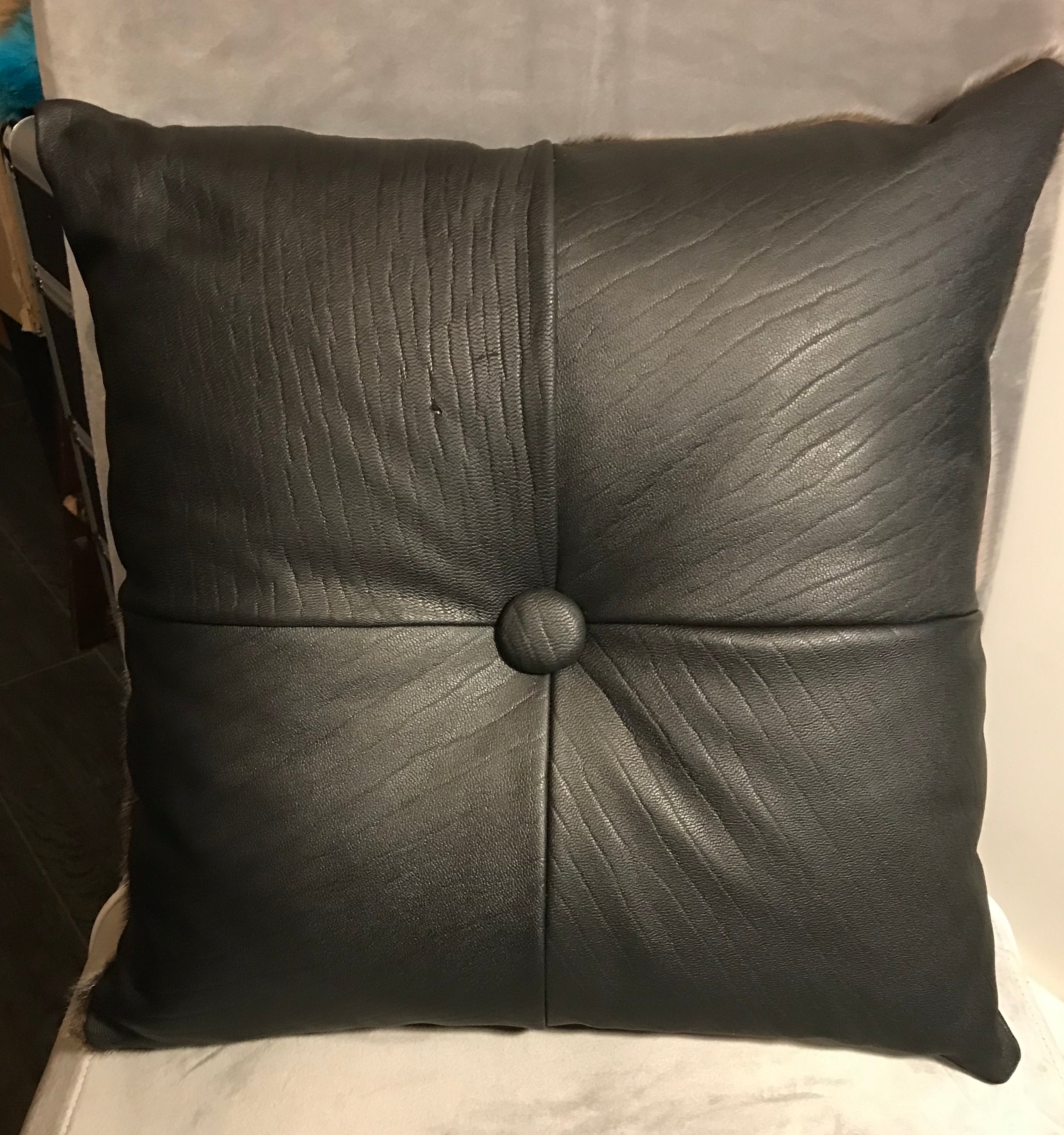 Natural Harp Seal Fur and Black Ring Seal Leather Throw Cushion - Large